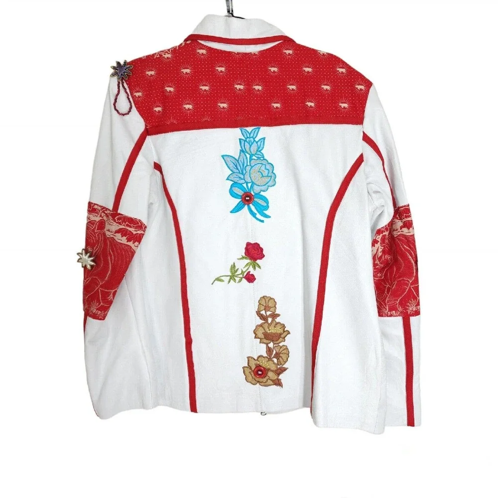 Sun Goddess Leather Jacket White Rhino Floral Applique South African Runway XL
